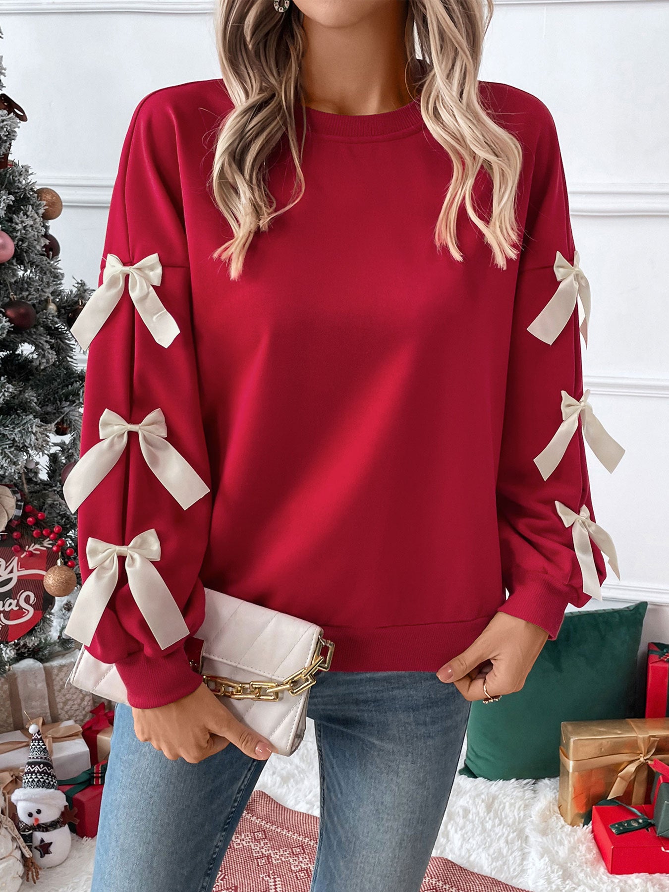 Christmas Sweatshirt with Bow Tie Collar