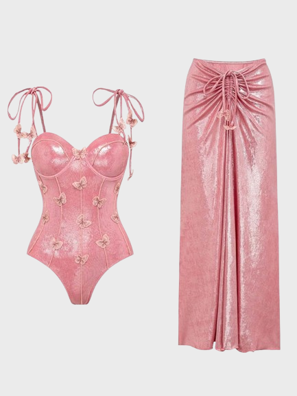 Pink Butterfly Shiny One-Piece Swimsuit Beach Set