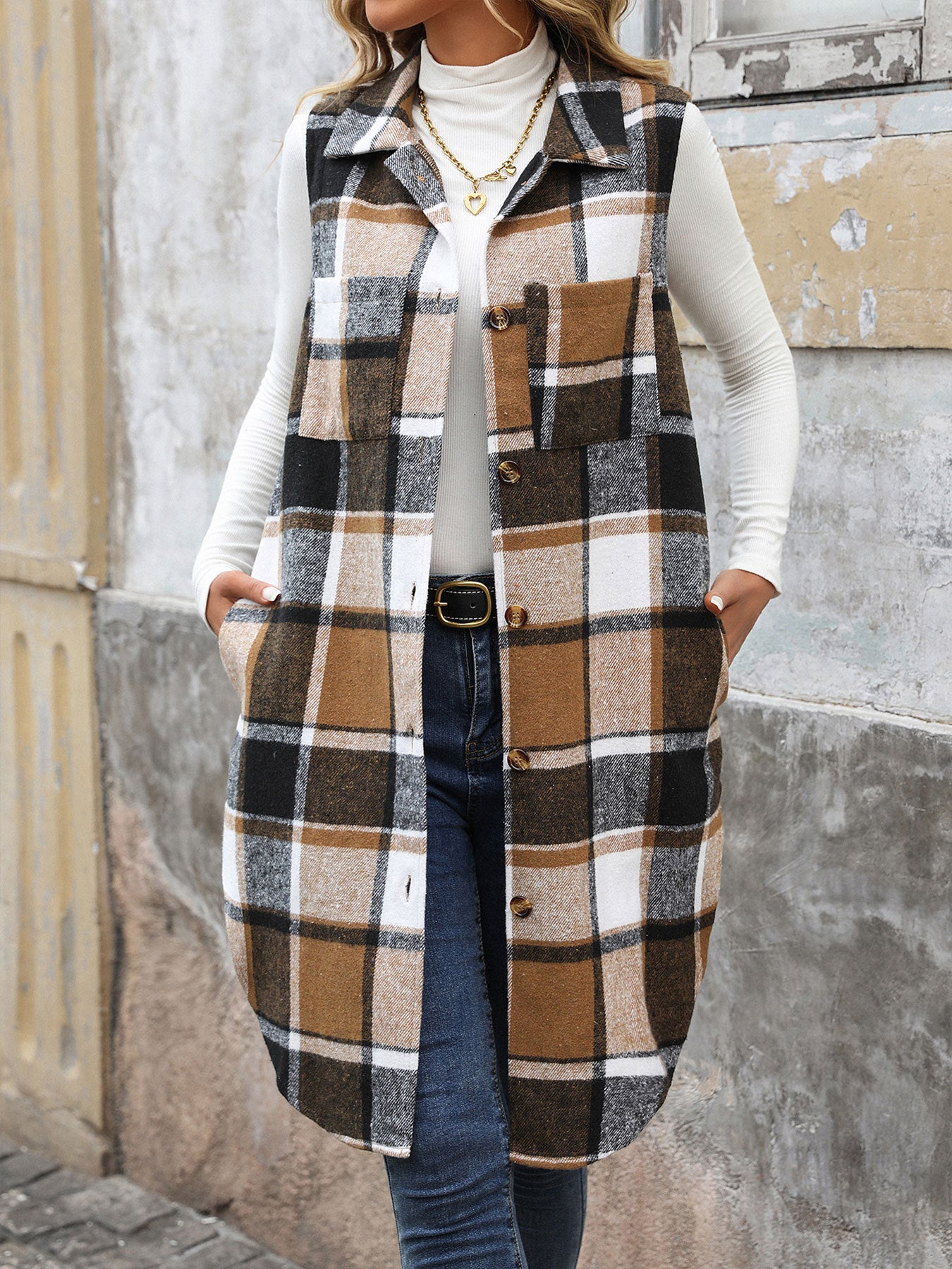Long Plaid Vest Coat
