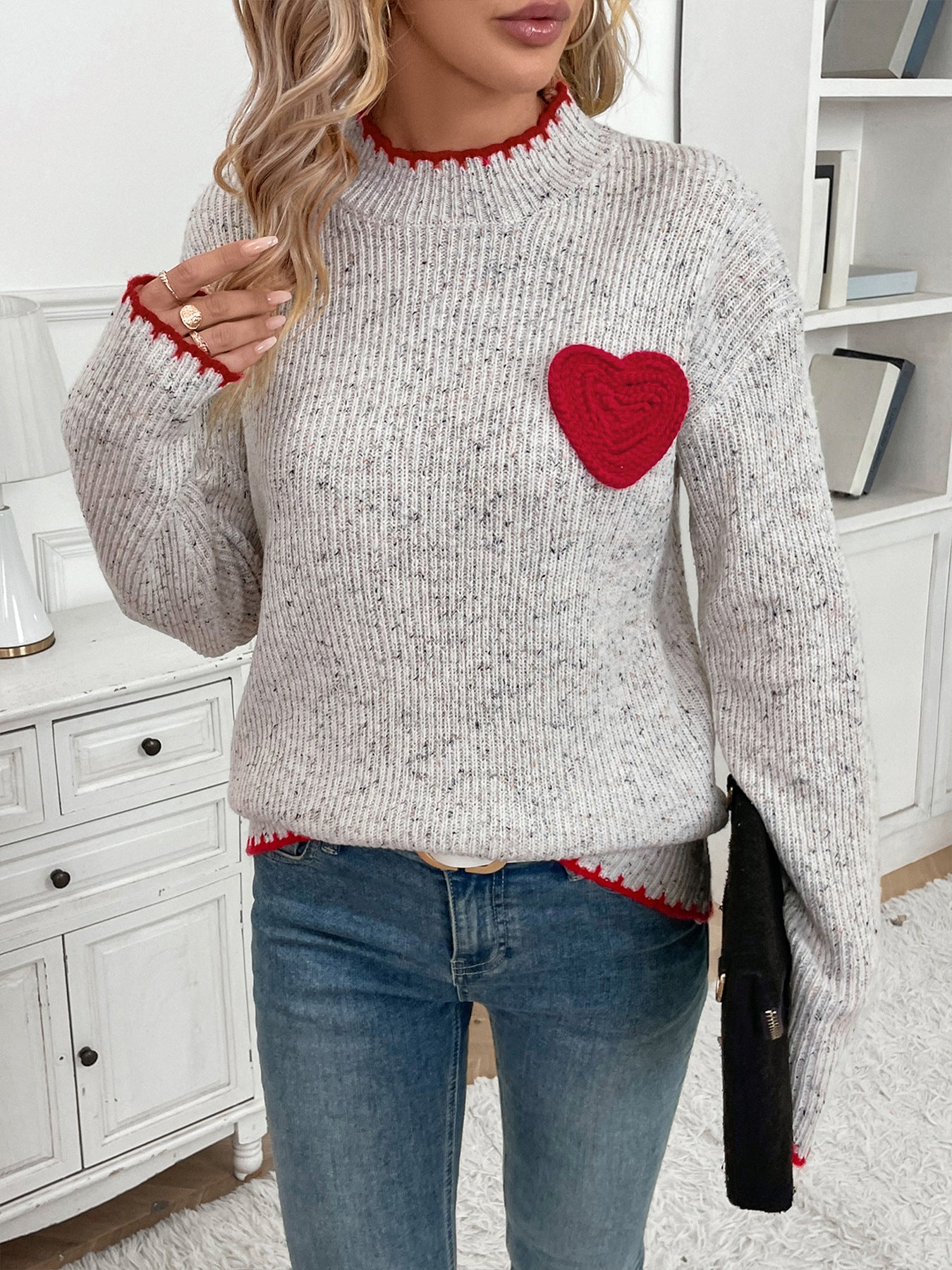 Mock Neck Heart Print Sweater