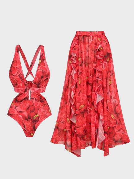 Red Flower Print Swimsuit