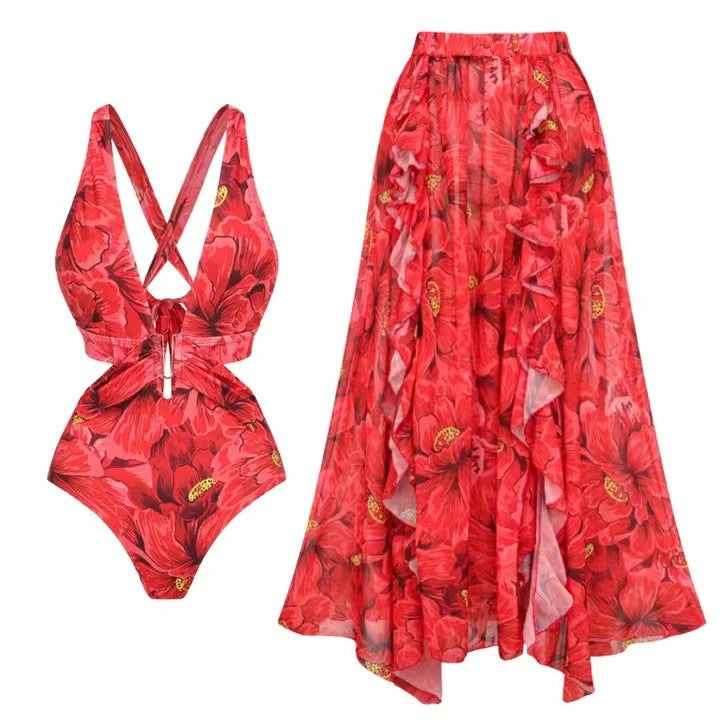 49% OFF🔥Red Flower Print Swimsuit