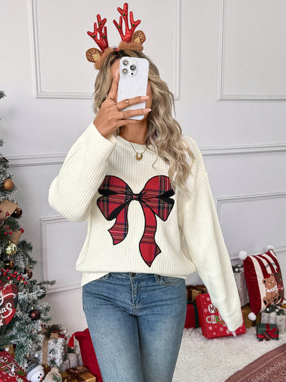 Christmas Plaid Sweater with Bow Embroidery