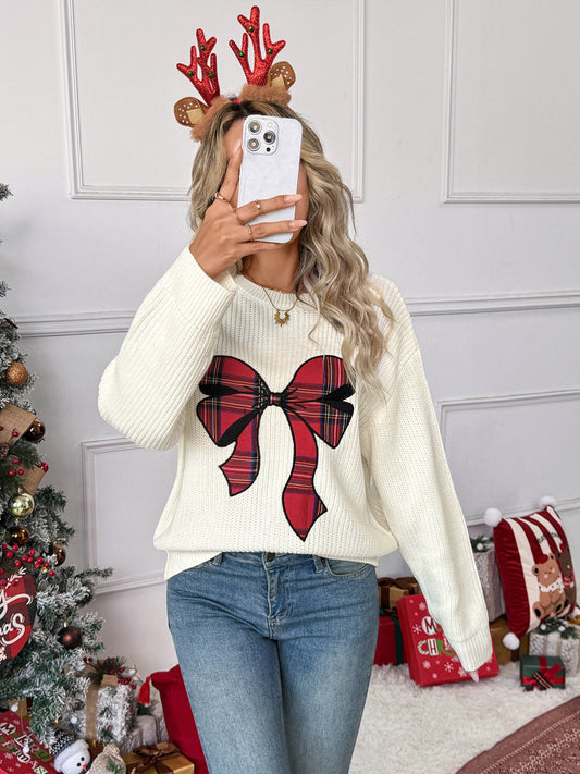 Christmas Plaid Sweater with Bow Embroidery