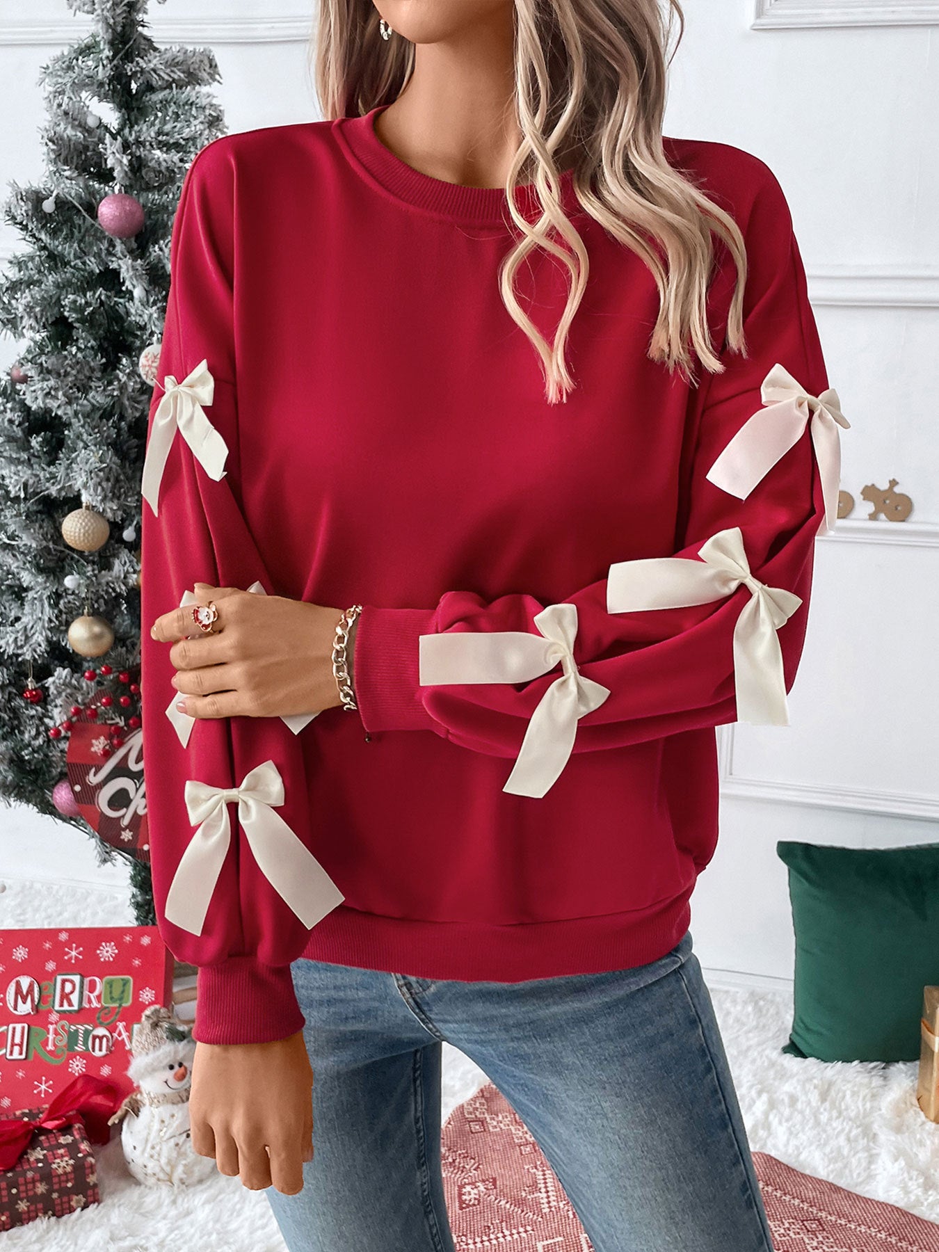 Christmas Sweatshirt with Bow Tie Collar