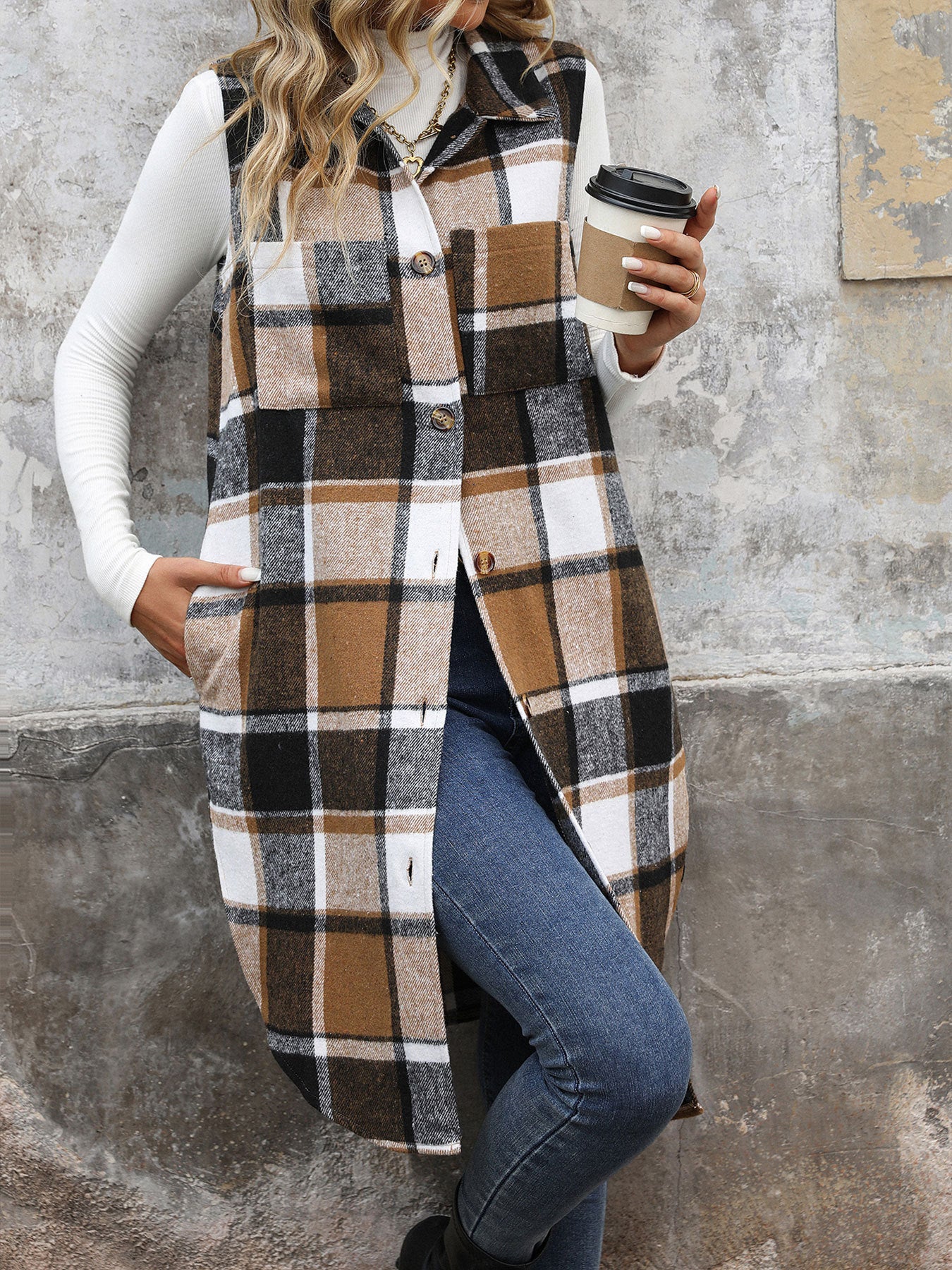 Long Plaid Vest Coat