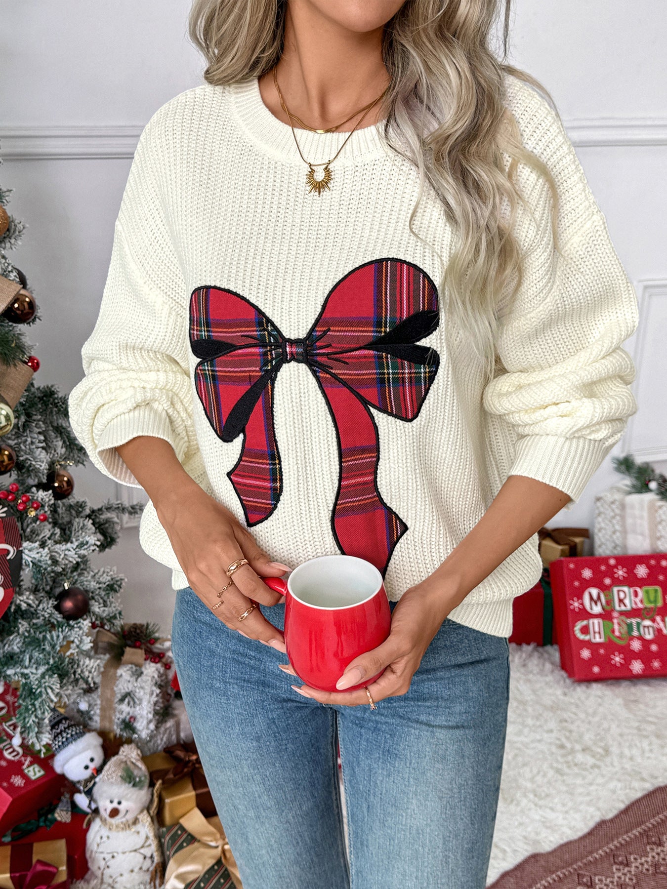 Christmas Plaid Sweater with Bow Embroidery