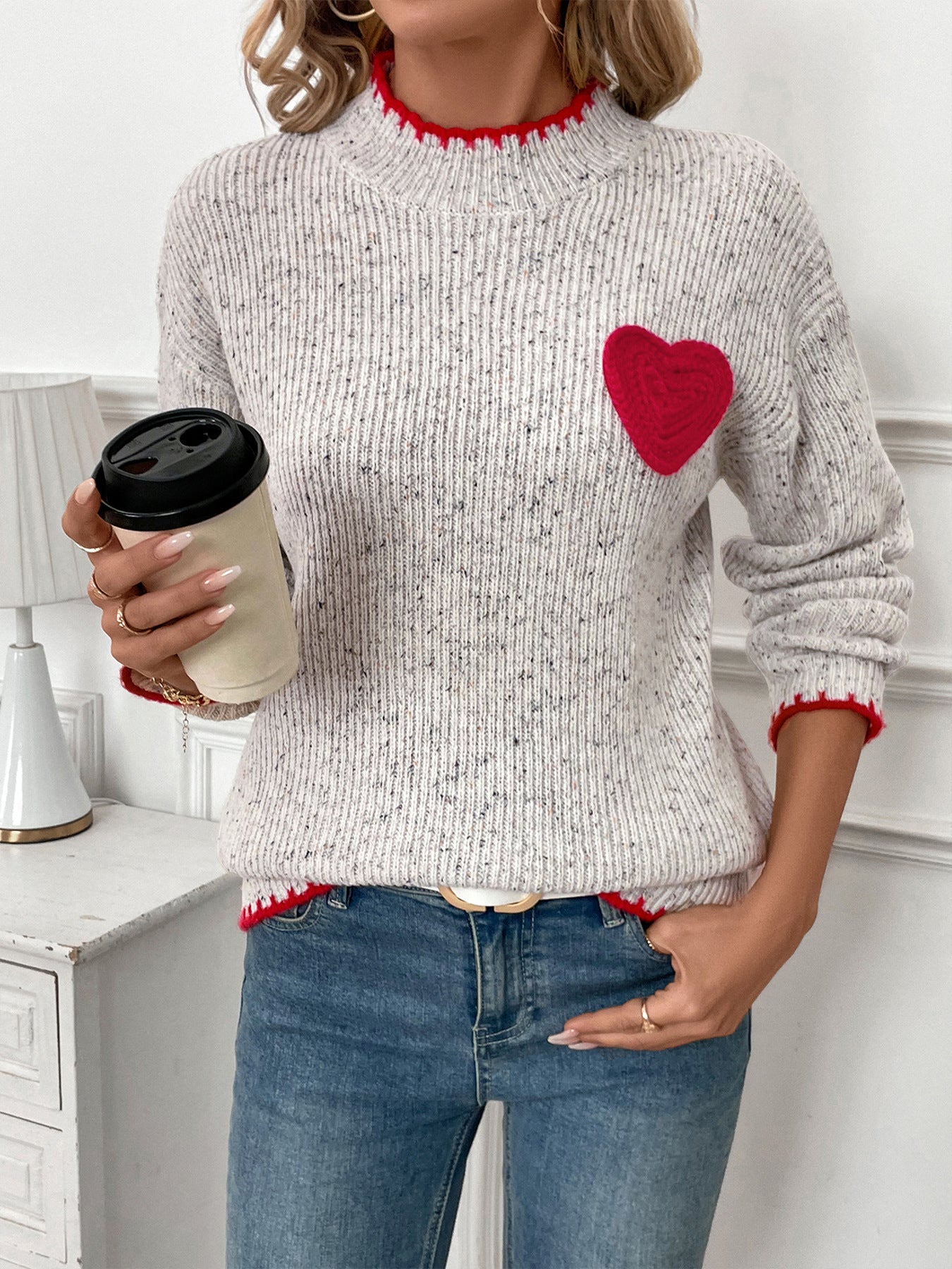 Mock Neck Heart Print Sweater