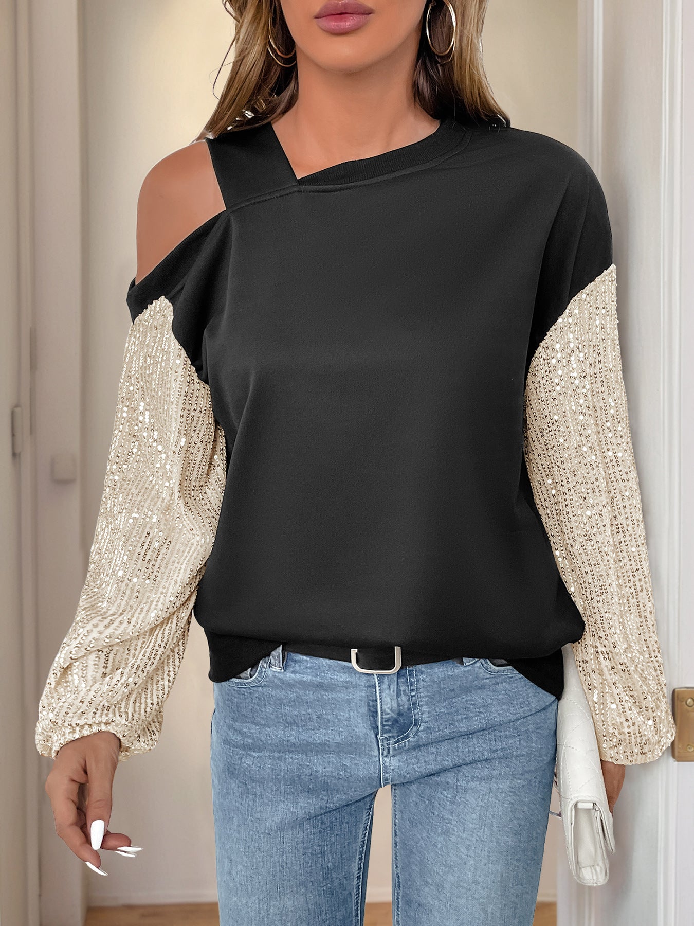 Sequin Off-The-Shoulder Sweatshirt