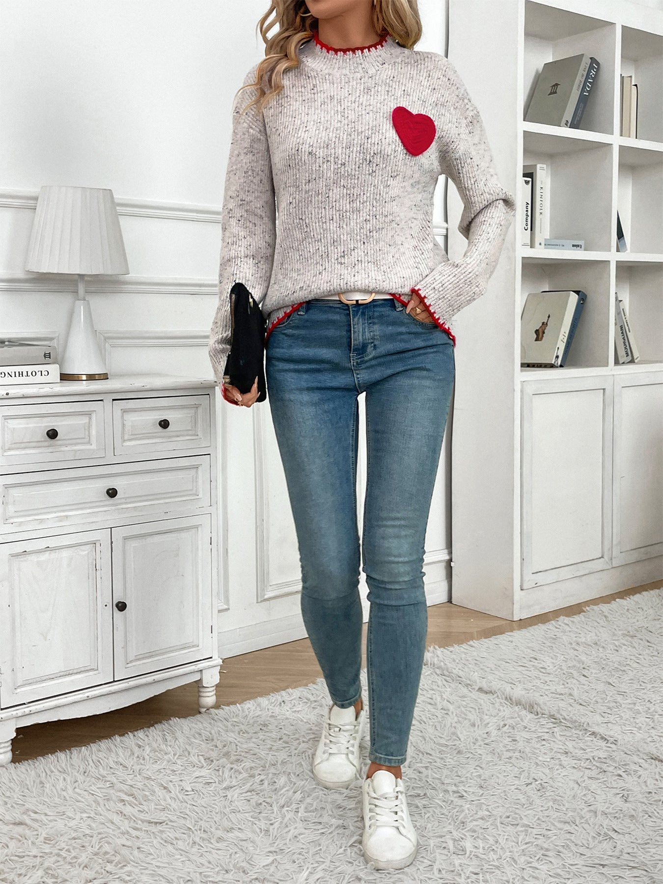 Mock Neck Heart Print Sweater
