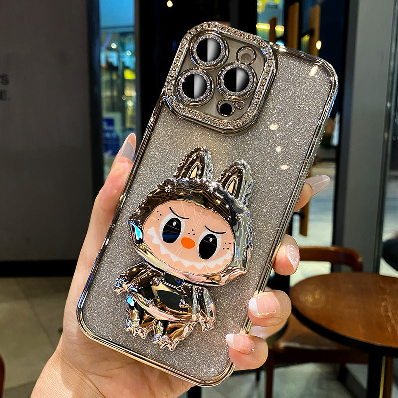 iPhone Cases, Glitter Full Cover Silicone, with Labububu Mirror Stand