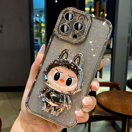 iPhone Cases, Glitter Full Cover Silicone, with Labububu Mirror Stand