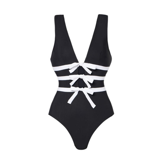 Bowknot Decor Black One Piece Swimwear