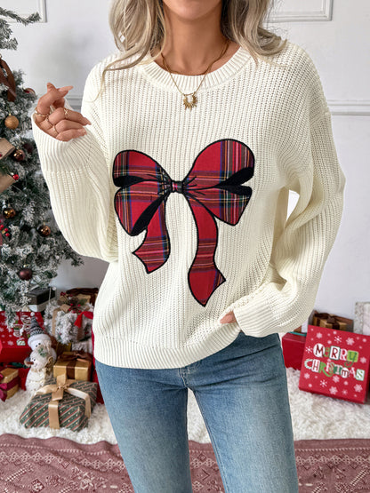 Christmas Plaid Sweater with Bow Embroidery