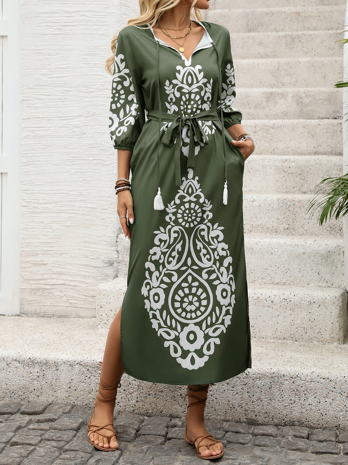 Vintage Print Vacation Dress with High Slit
