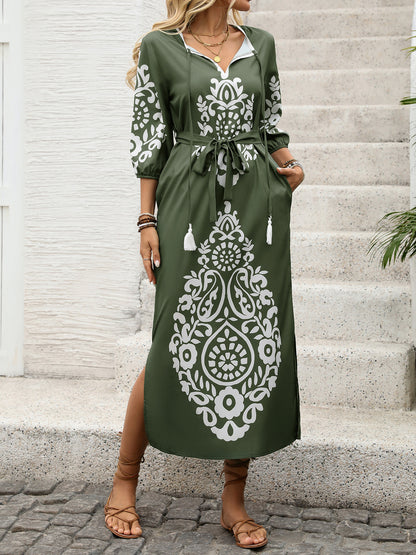 Vintage Print Vacation Dress with High Slit
