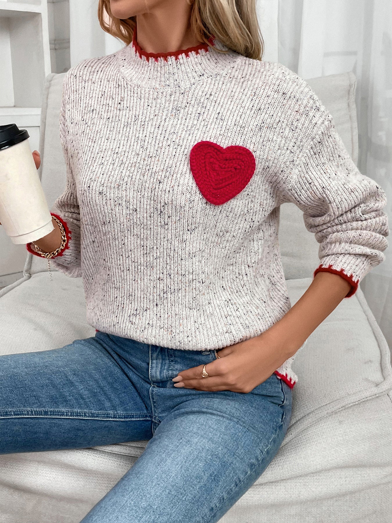 Mock Neck Heart Print Sweater