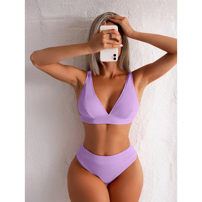 Classic V-neck Solid Color Bikini Set
