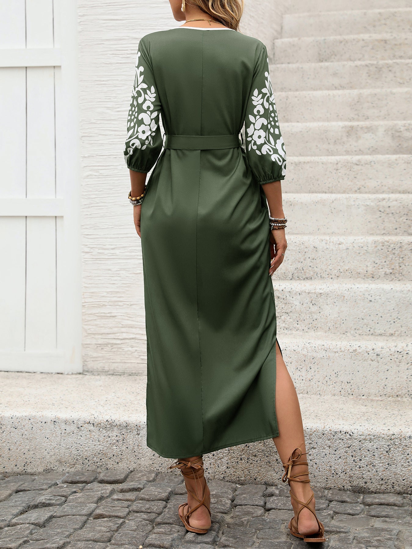 Vintage Print Vacation Dress with High Slit