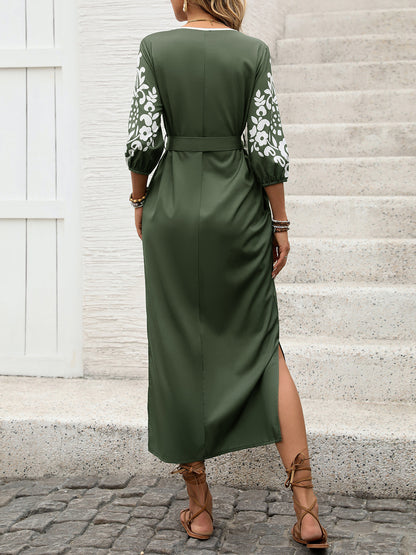 Vintage Print Vacation Dress with High Slit