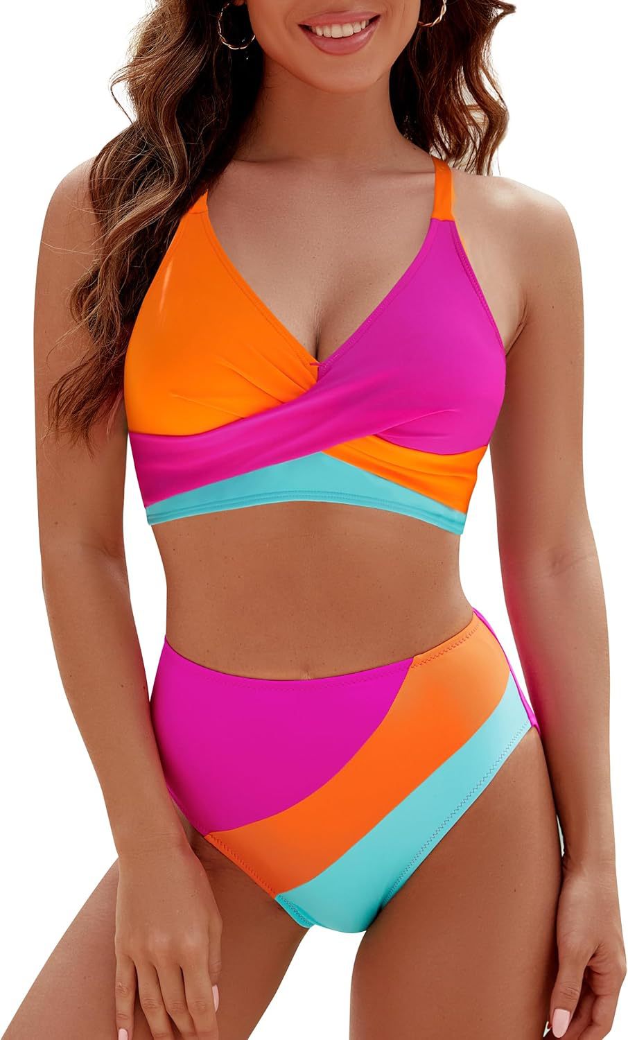 Contrast color cross strap beach vacation bikini