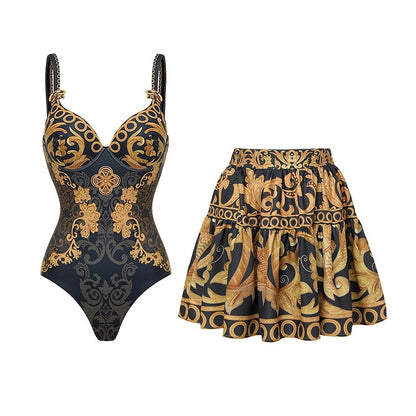 V Neck Gold Embroidery Decor One Piece Swimsuit And Skirt