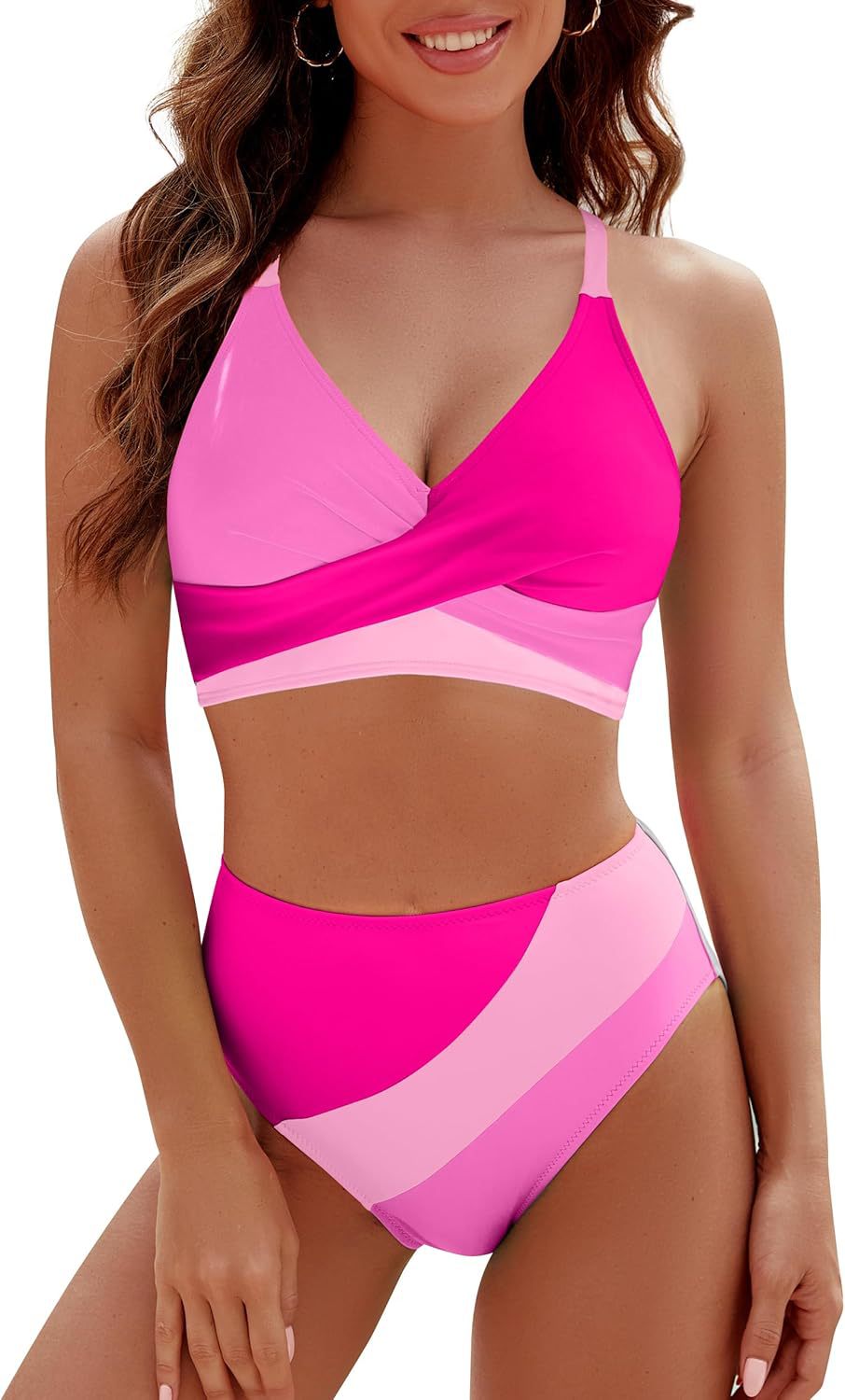 Contrast color cross strap beach vacation bikini