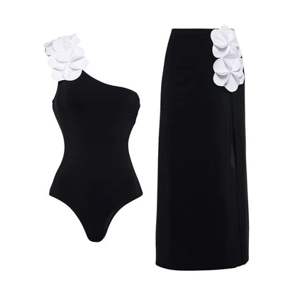 Off-shoulder elegant black and white contrast one-piece swimsuit