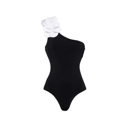 Off-shoulder elegant black and white contrast one-piece swimsuit
