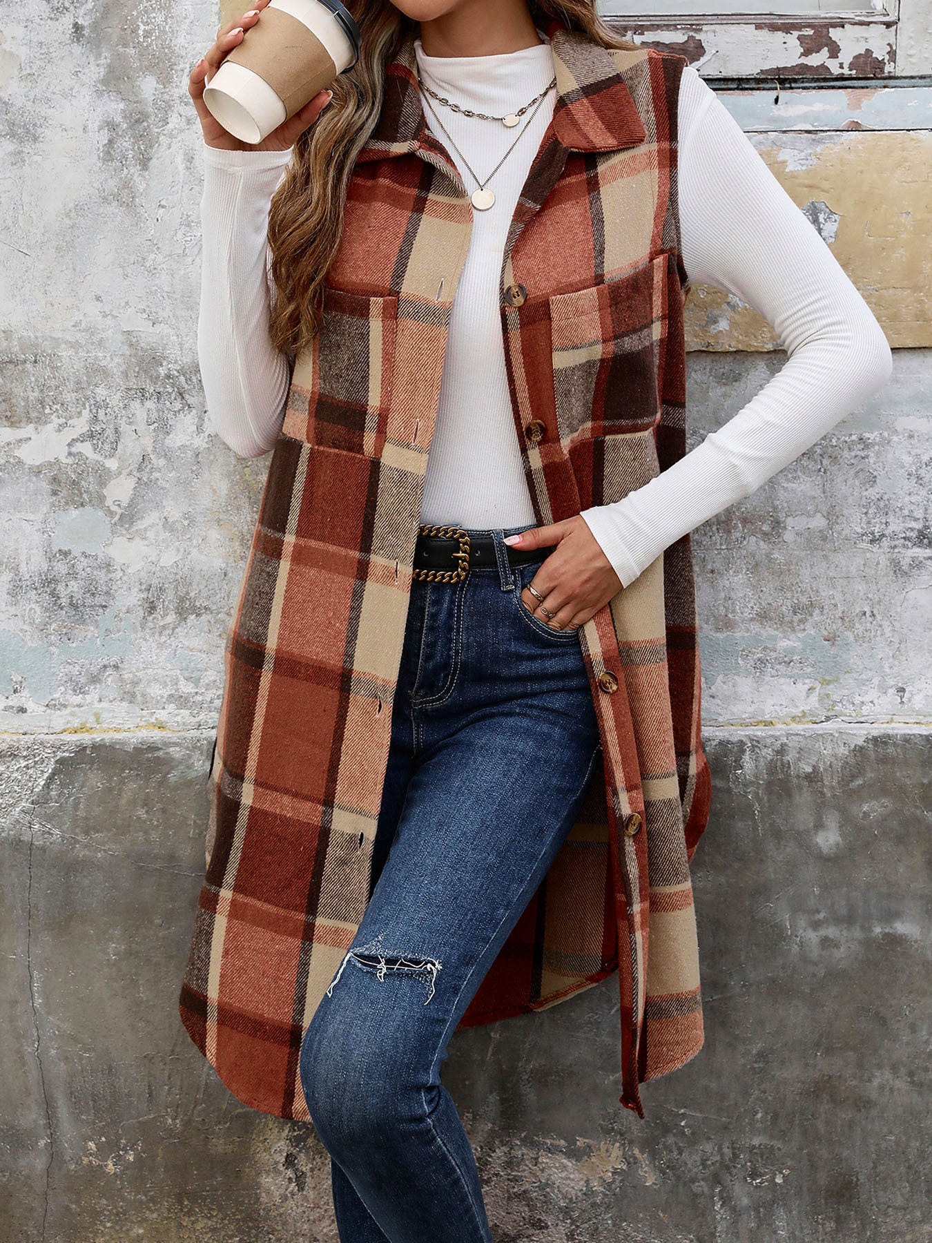 Long Plaid Vest Coat