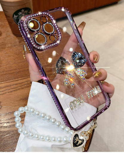 IPhone Case Shinny Bow Rhinestone With Pearl Phone Chain