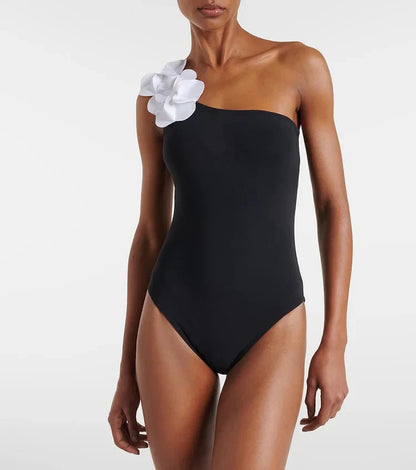 Off-shoulder elegant black and white contrast one-piece swimsuit