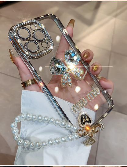 IPhone Case Shinny Bow Rhinestone With Pearl Phone Chain