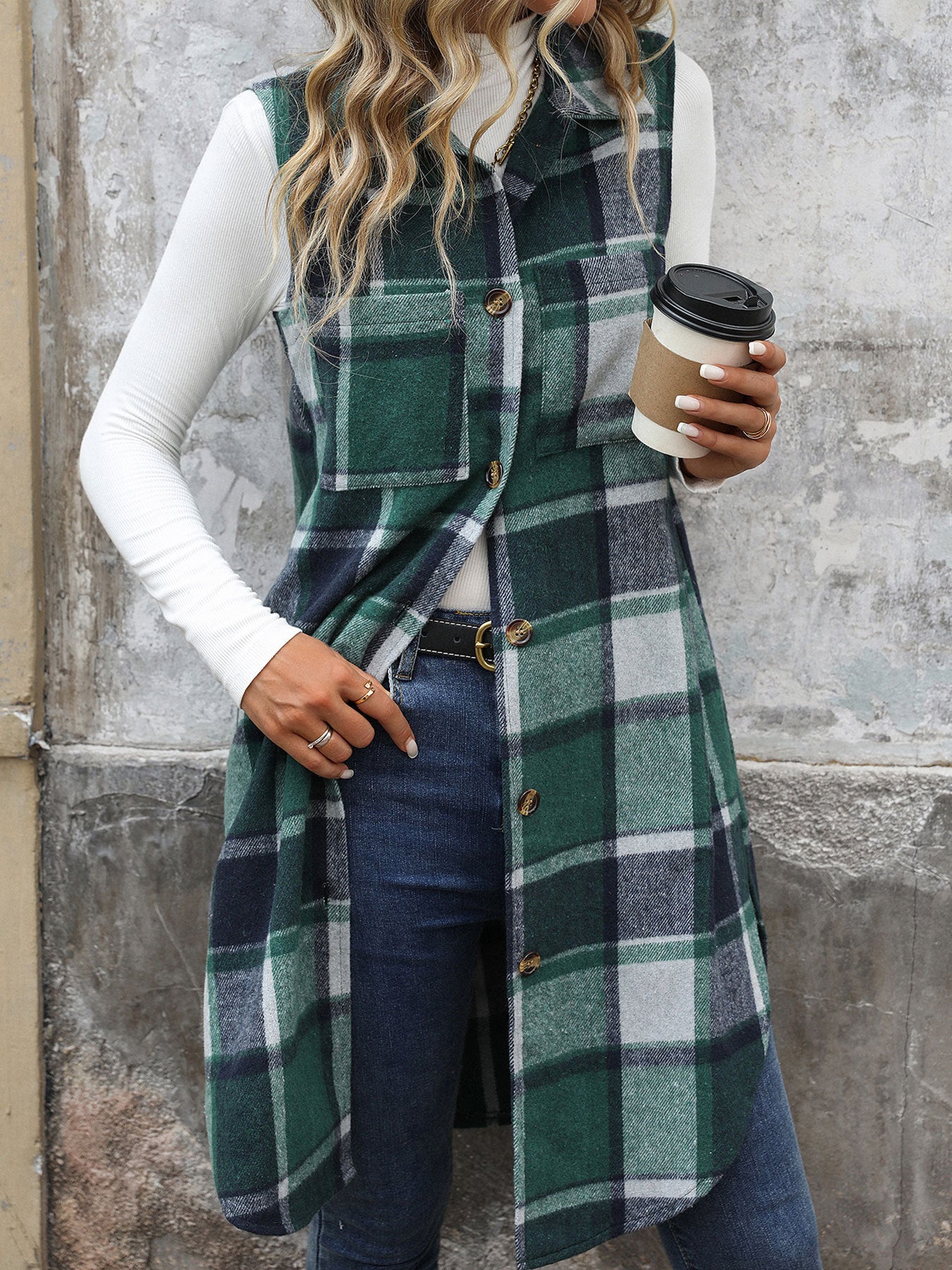 Long Plaid Vest Coat