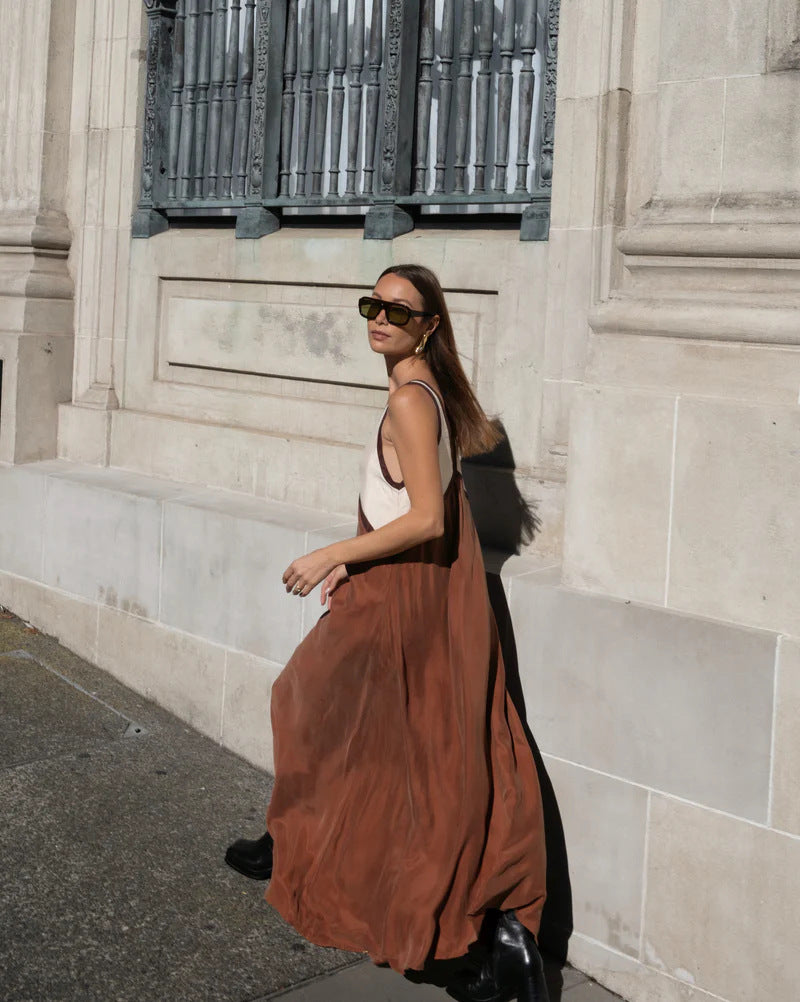 Contrast Color V-neck Cupro silk Swing Dress