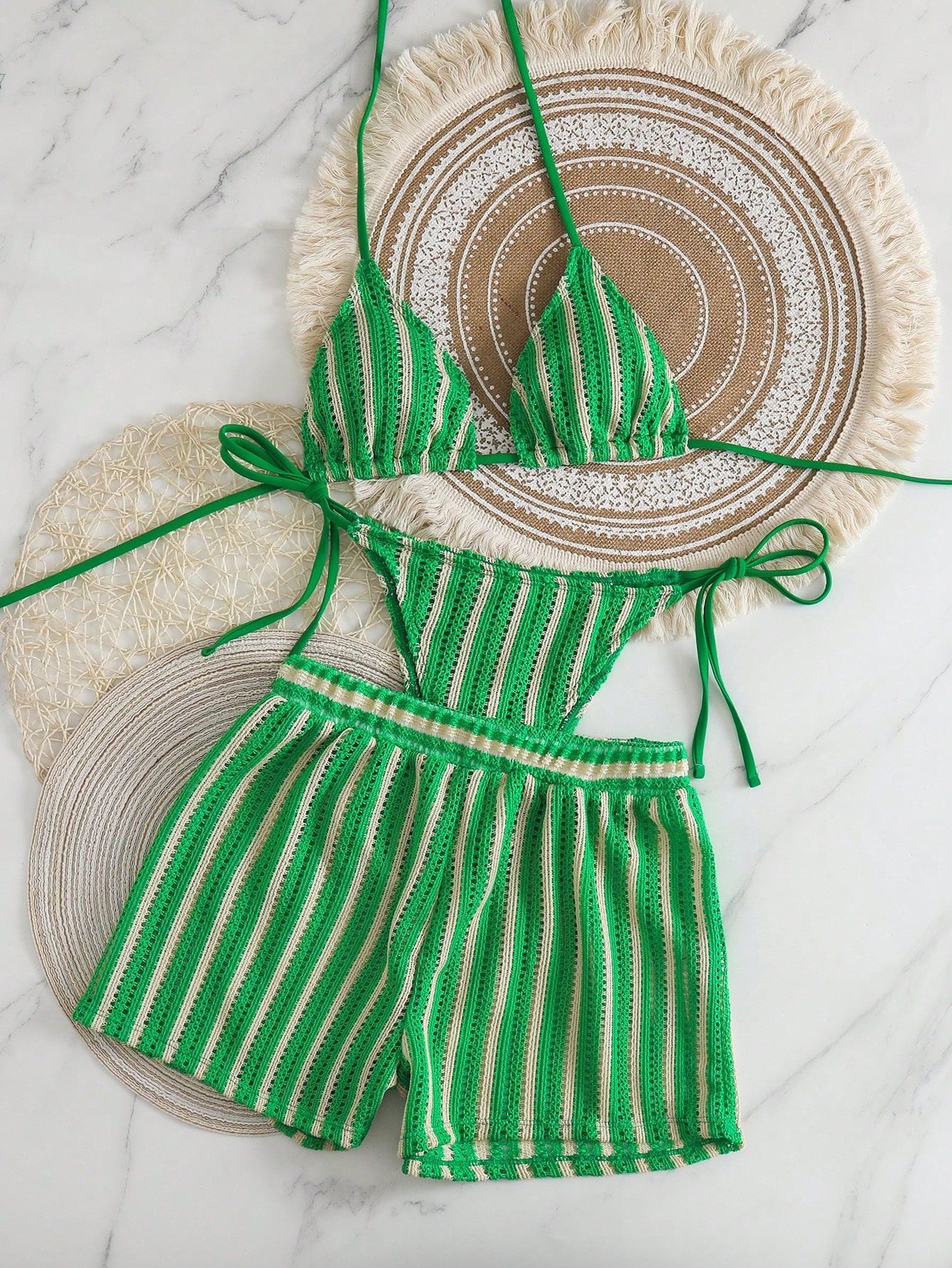 Knit Striped Two-Piece Bikini Three-Piece Set with Boyshort Swim Bottom