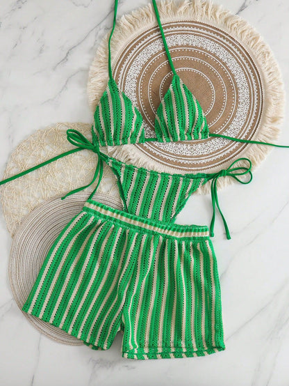 Knit Striped Two-Piece Bikini Three-Piece Set with Boyshort Swim Bottom