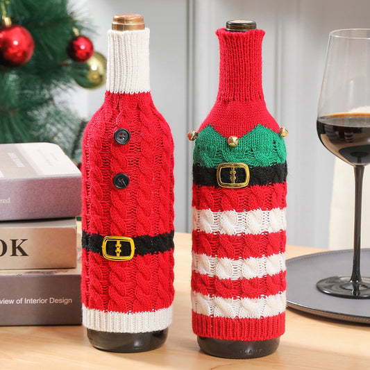 2pcs Christmas striped knitted red wine bottle dress up