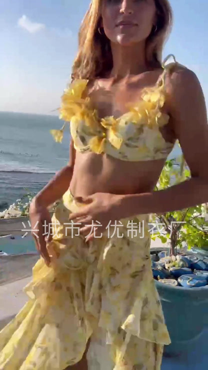 Yellow Butterfly Backless Beach Vacation Bikini One-Piece Swimsuit