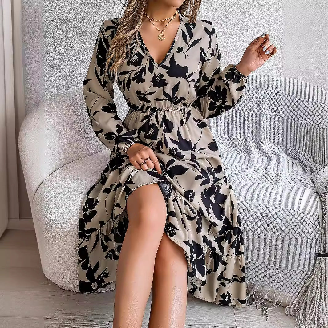 Floral waist long sleeve ruffle dress