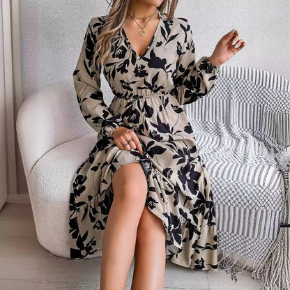 Floral waist long sleeve ruffle dress