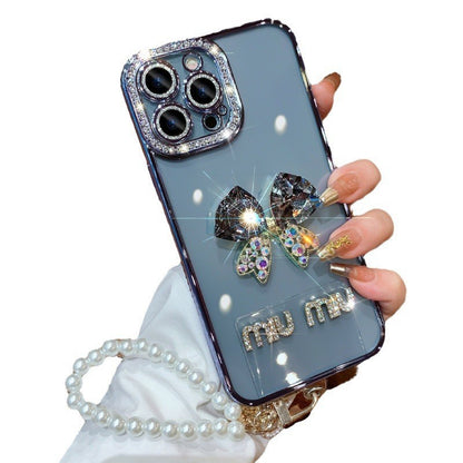 IPhone Case Shinny Bow Rhinestone With Pearl Phone Chain
