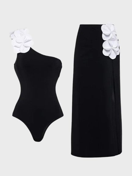 Off-shoulder elegant black and white contrast one-piece swimsuit