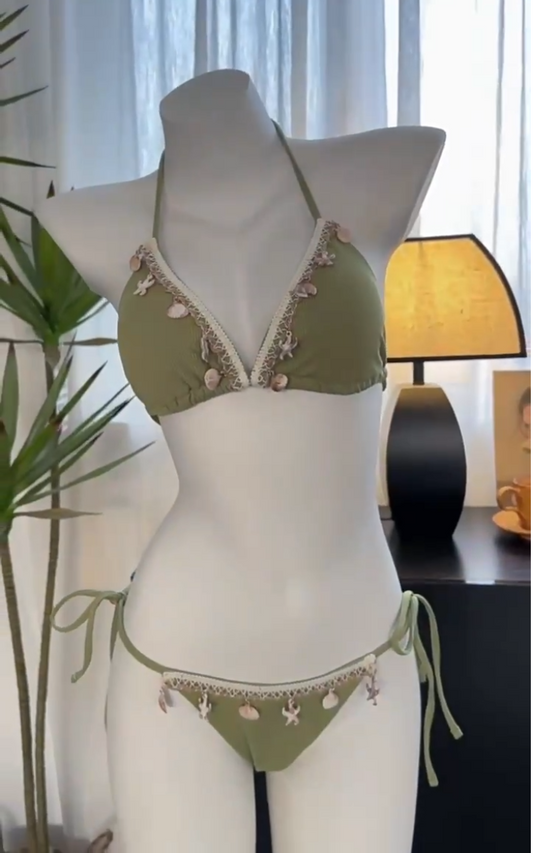 Shell-decorated triangle cup lace-up bikini