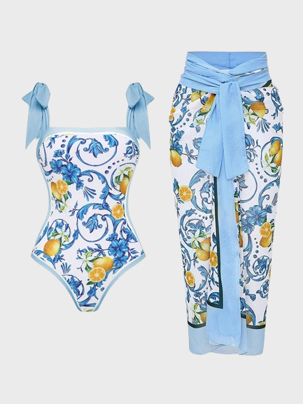 Lemon Print Tie-shoulder One Piece Swimwear