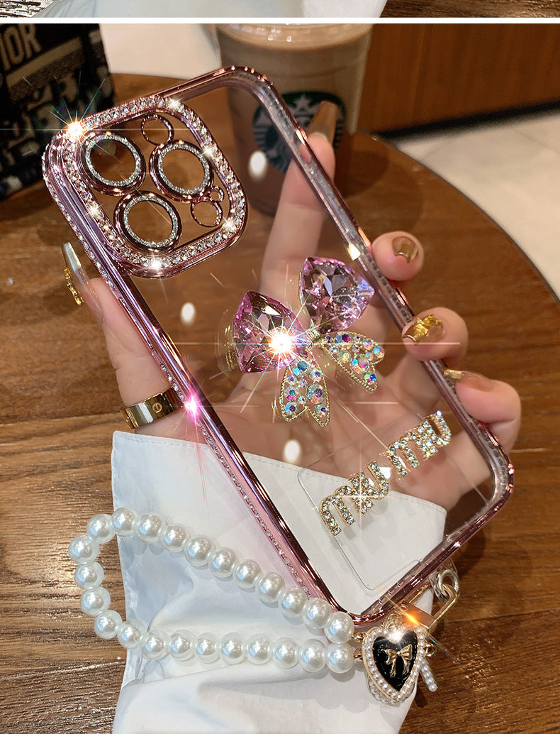 IPhone Case Shinny Bow Rhinestone With Pearl Phone Chain