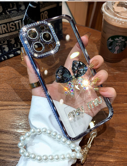 IPhone Case Shinny Bow Rhinestone With Pearl Phone Chain