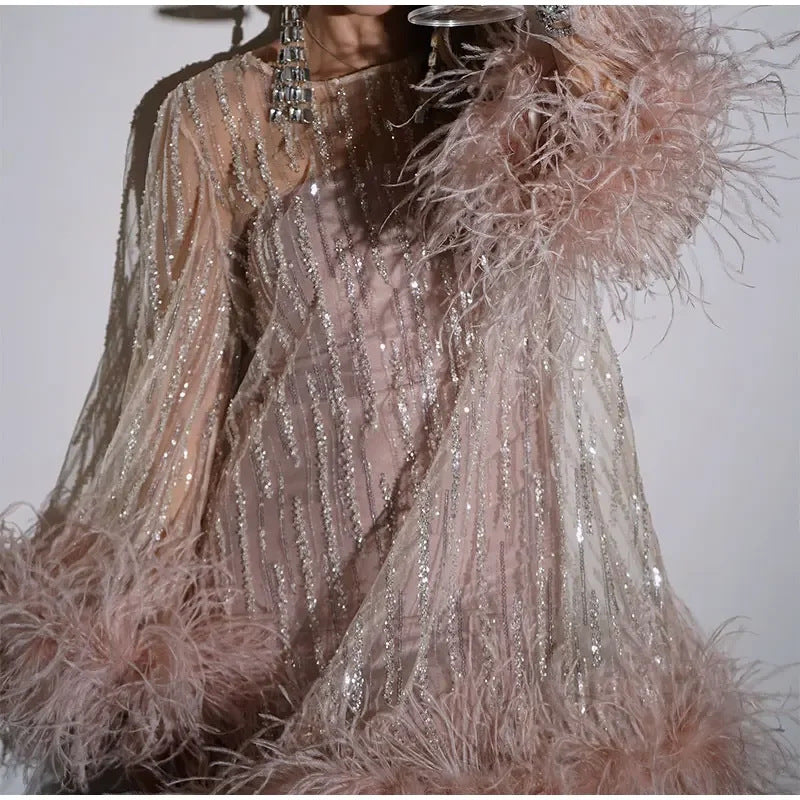 Pink Sequin Party Dress Ostrich Feather Cuffs