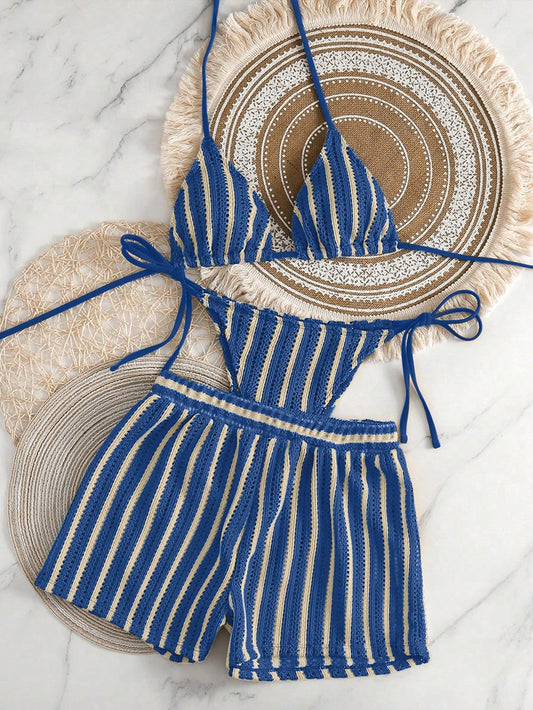Knit Striped Two-Piece Bikini Three-Piece Set with Boyshort Swim Bottom