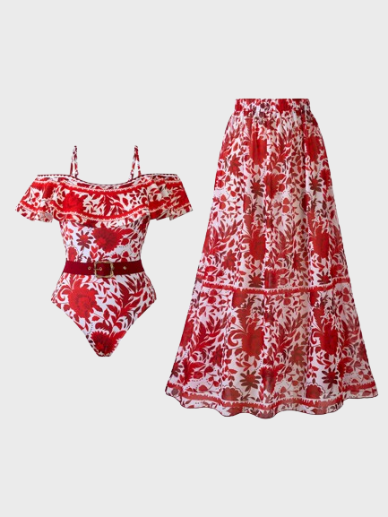 Bandeau Ruffled Red Flower One Piece Swimwear